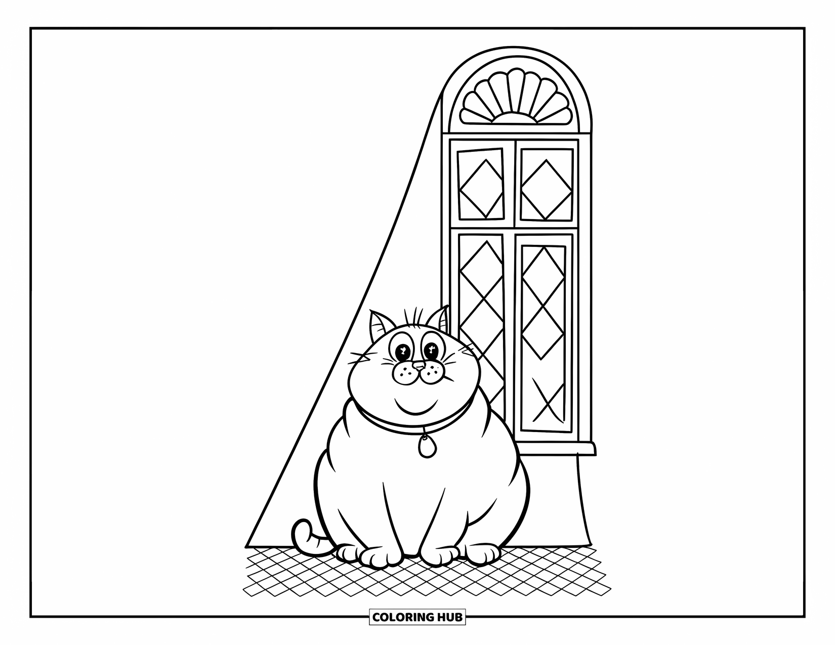 Fat Cat Coloring Page for Kids: A fluffy cat sits in a sunbeam streaming through a patterned window