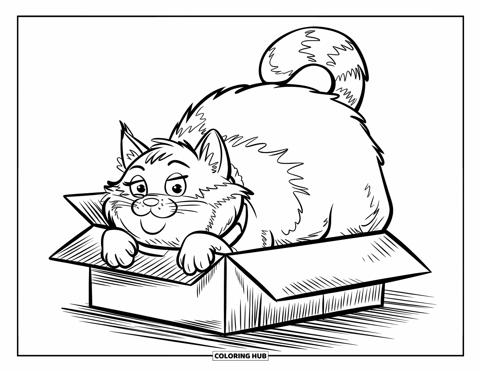 Fat Cat Coloring Page for Kids: A fluffy cat squeezes into a shoebox, looking adorably too big for it