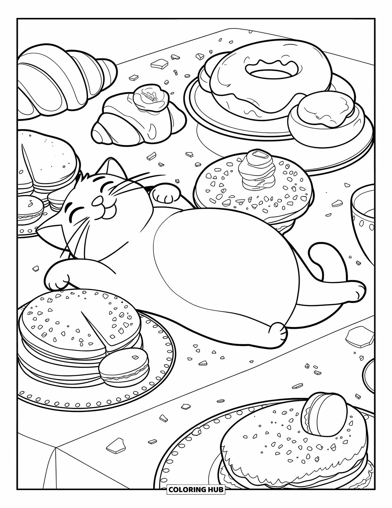 Fat Cat Coloring Page for Kids: A relaxed cat lies across a dessert table covered in cakes and macarons