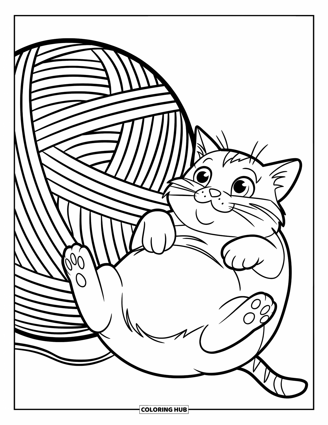Fat Cat Coloring Page for Kids: A round cat rests with its paws in the air and yarn beside it