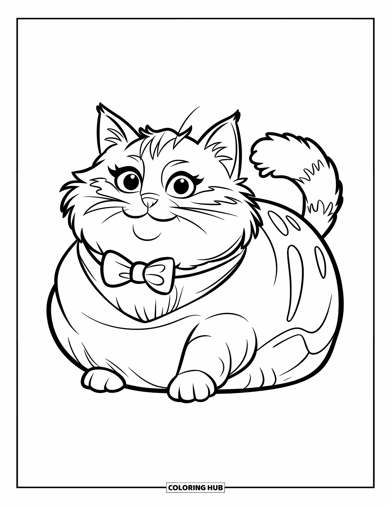 Fat Cat Coloring Page for Kids: A round cat with a bowtie loafs on a board, eyes wide and alert