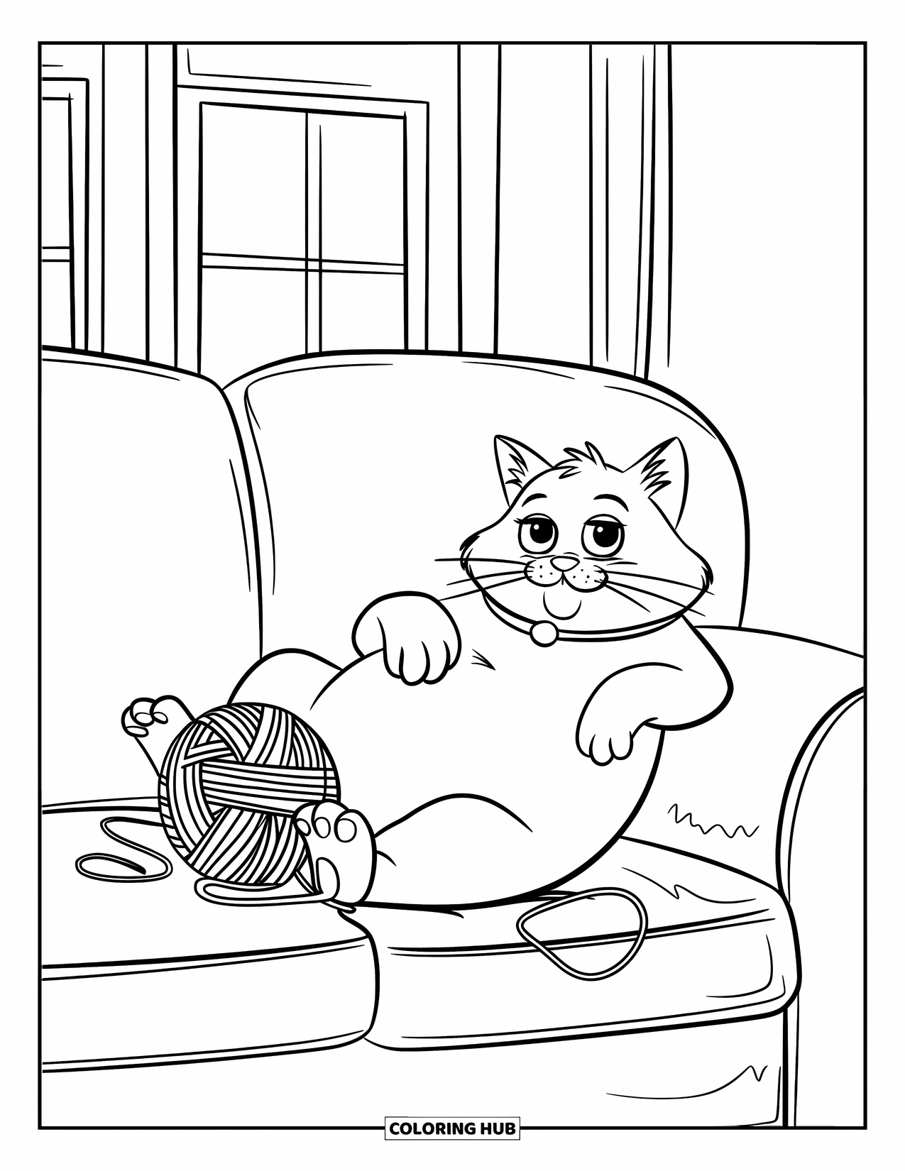 Fat Cat Coloring Page for Kids: A round-eyed cat plays with yarn while resting on a comfy sofa
