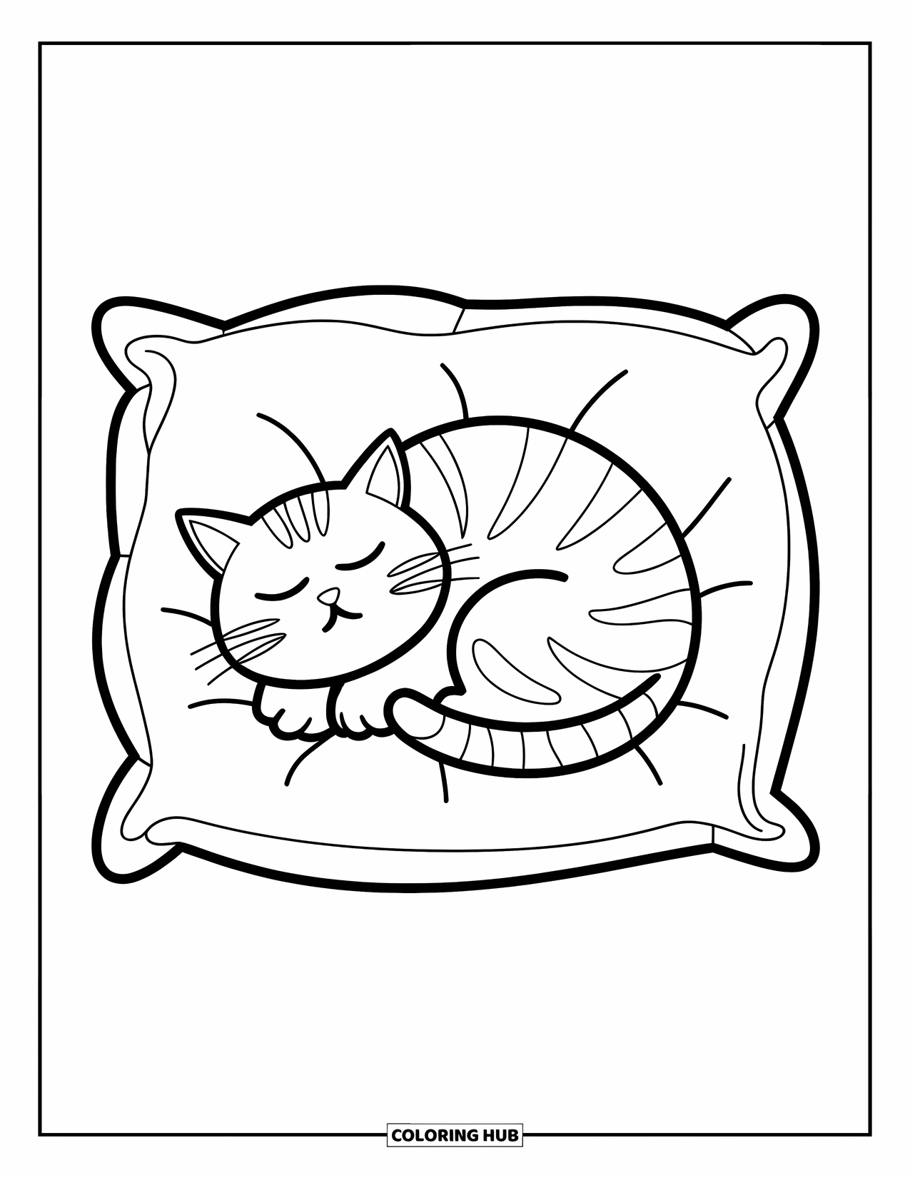 Fat Cat Coloring Page for Kids: A sleepy cat snuggles into a pillow with its eyes gently shut