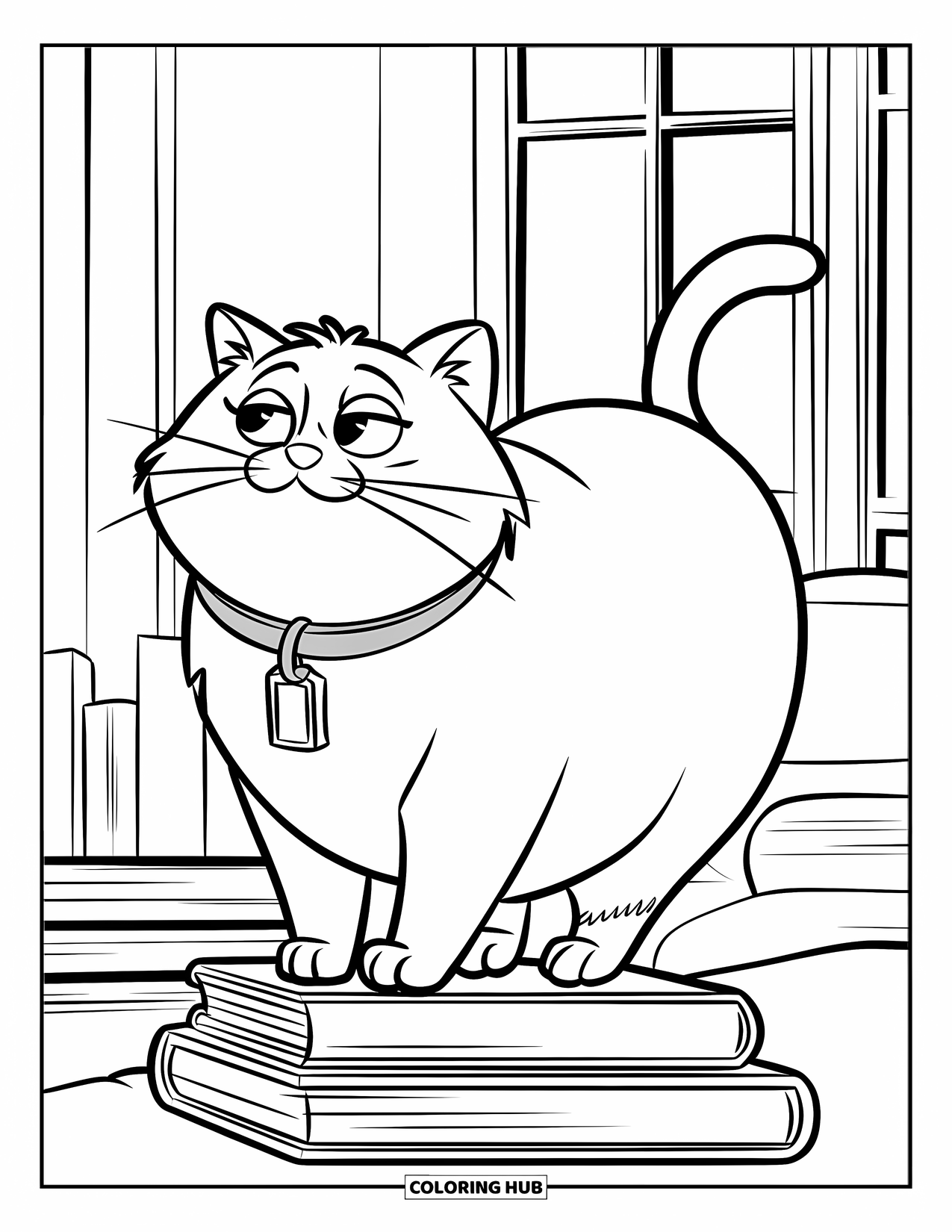 Fat Cat Coloring Page for Kids: A smug cat stands proudly atop a tall stack of books