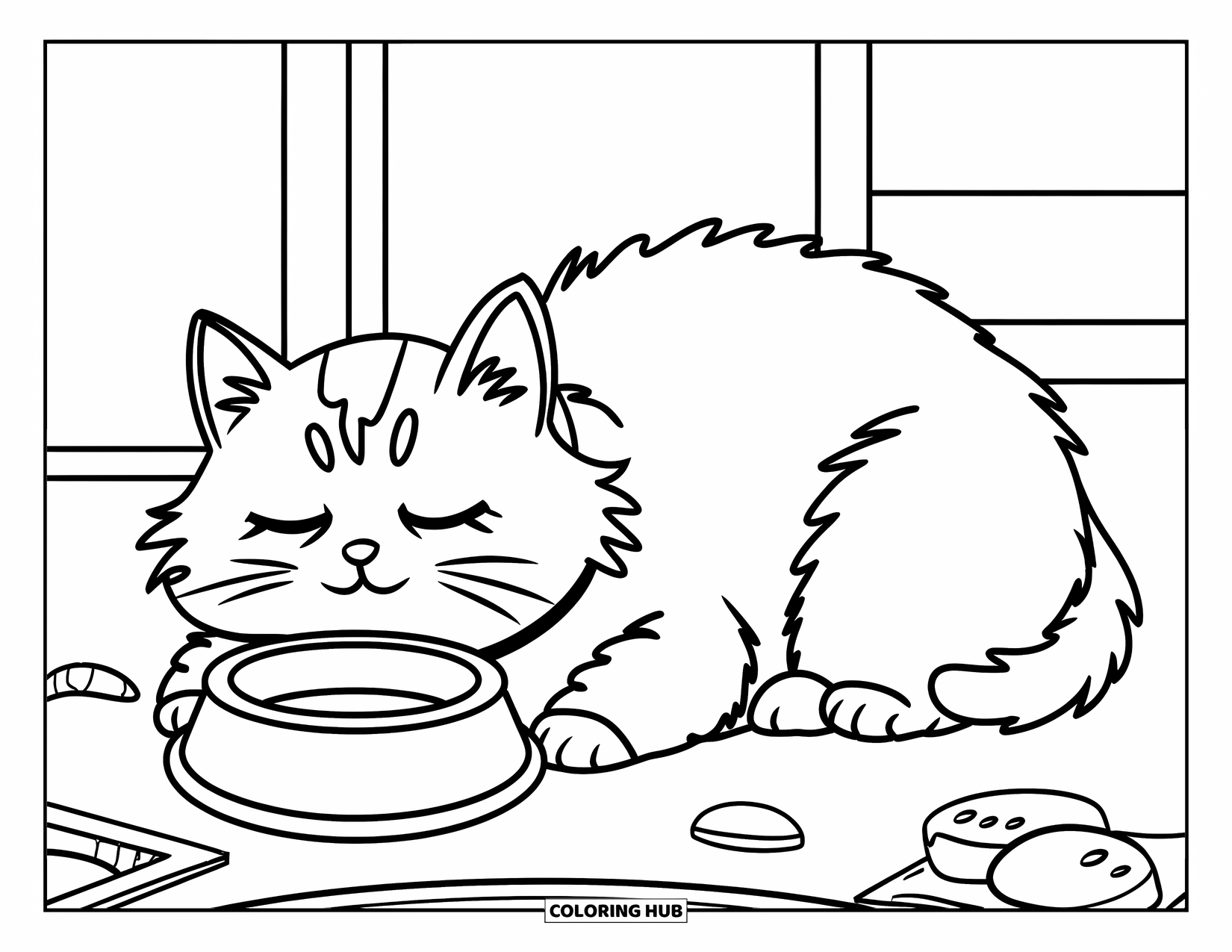 Fat Cat Coloring Page for Kids: A tired cat in a collar naps beside its empty food dish