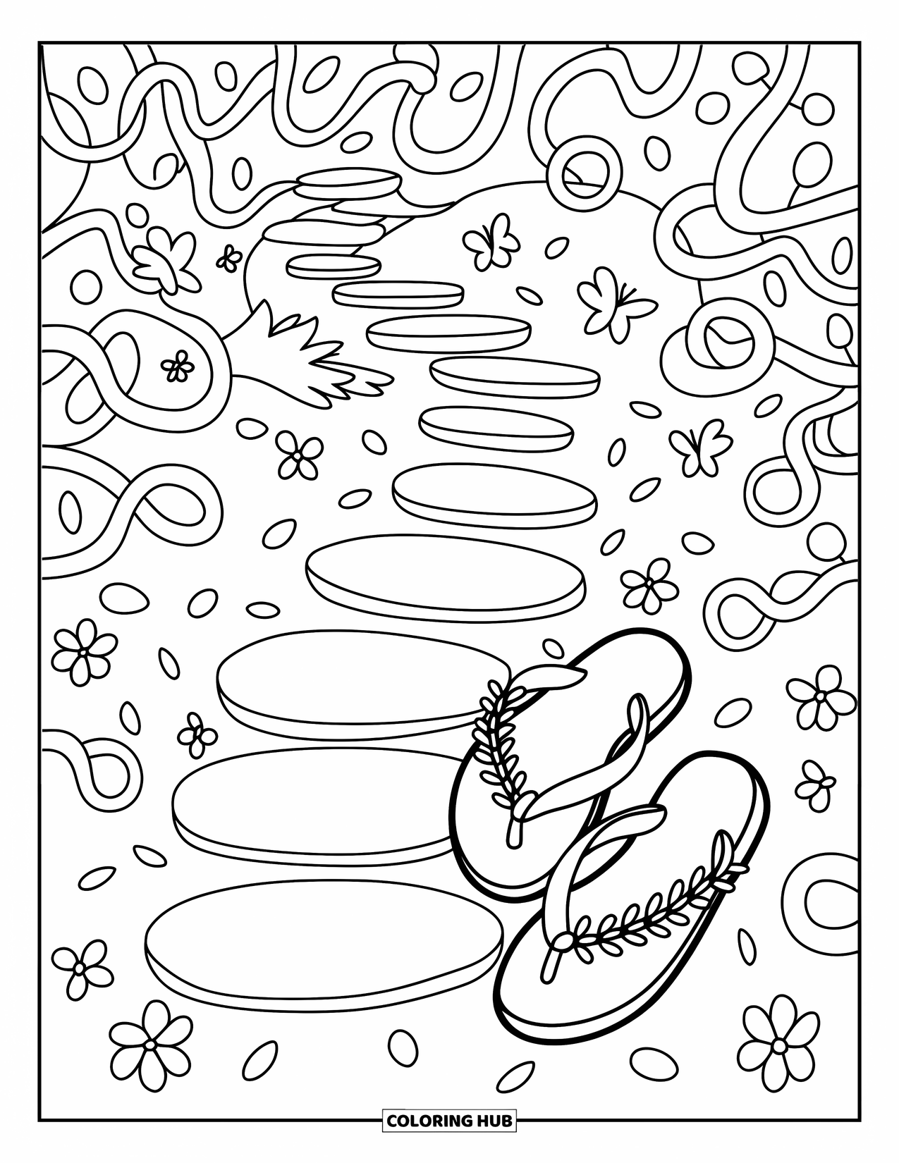 Flip Flop Coloring Page for Adults: A garden path winds through vines with swirl-decorated flip-flops and fluttering butterflies nearby