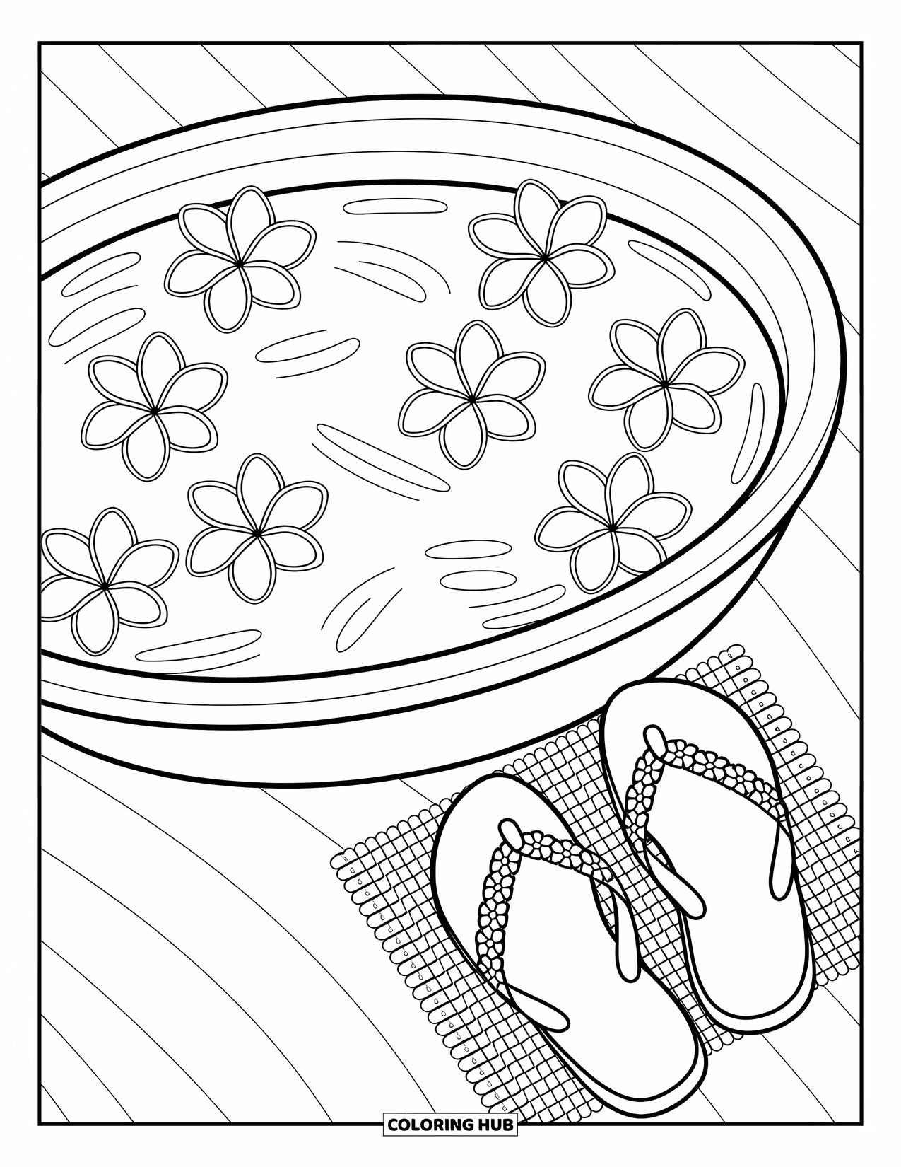 Flip Flop Coloring Page for Adults: A top-down view of a footbath with floating flowers and floral strap flip-flops nearby