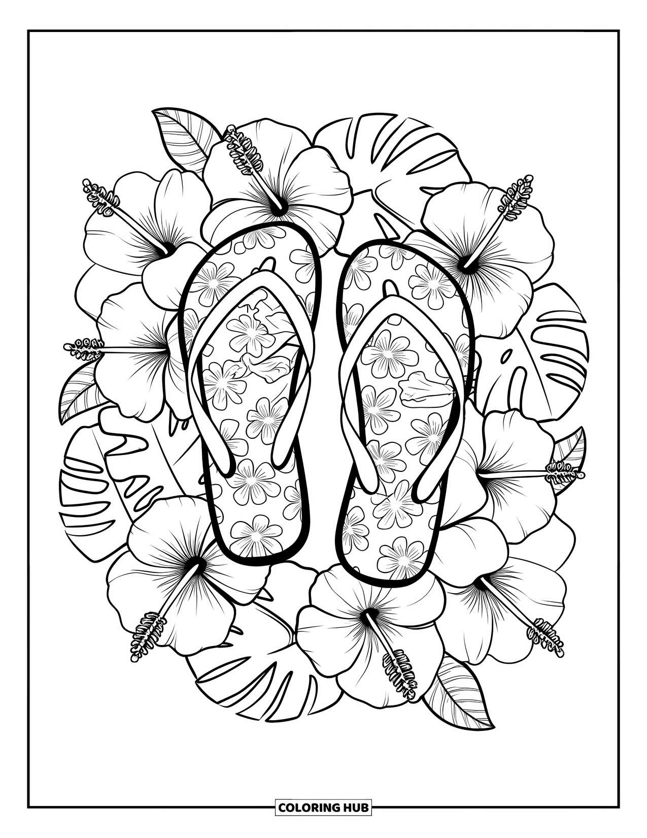 Flip Flop Coloring Page for Adults: A tropical wreath of flowers and leaves surrounds a pair of flip-flops