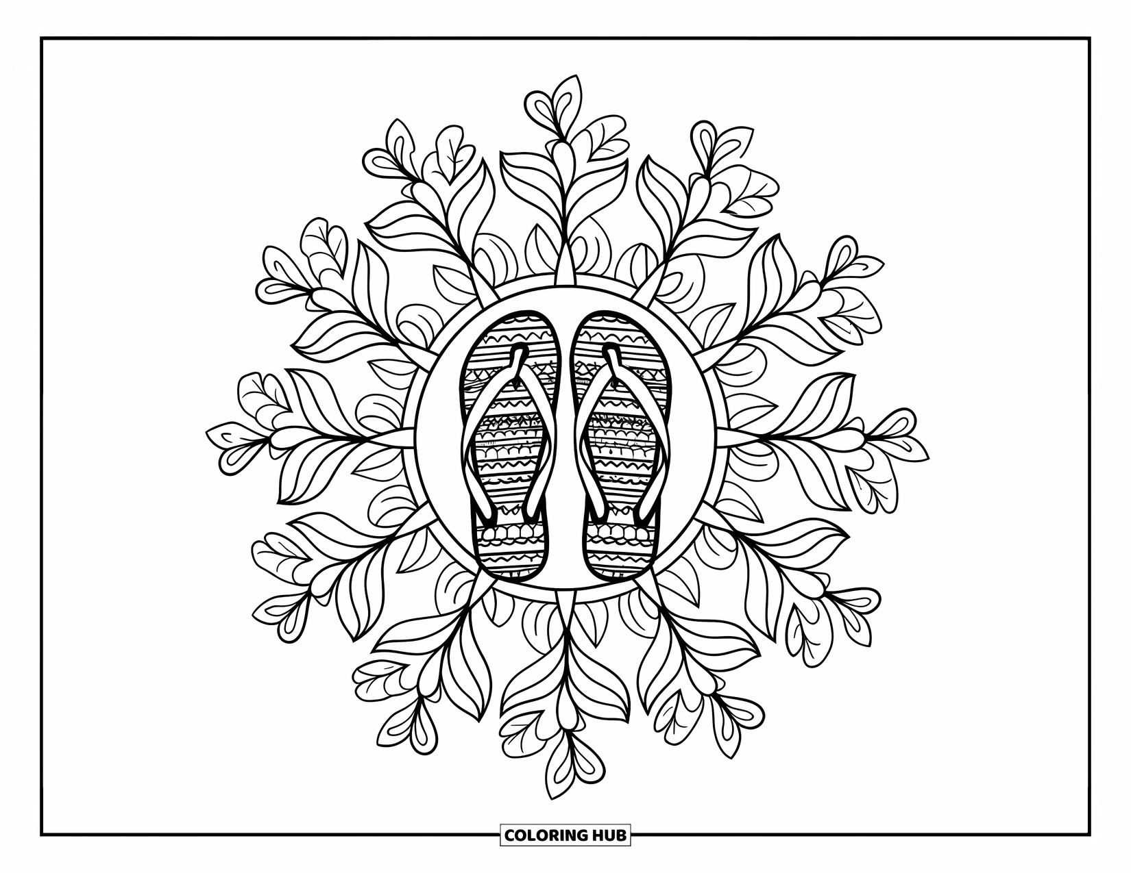 Flip Flop Coloring Page for Adults: Acanthus leaves swirl around flip-flops in a peaceful botanical mandala