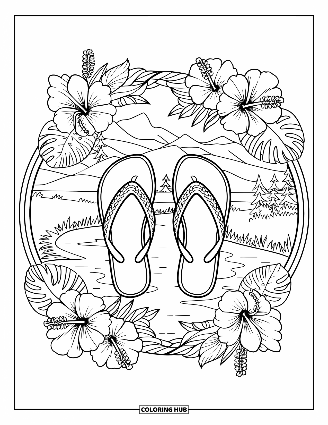 Flip Flop Coloring Page for Adults: Flip-flops on a floral path surrounded by lush leaves and peaceful scenery