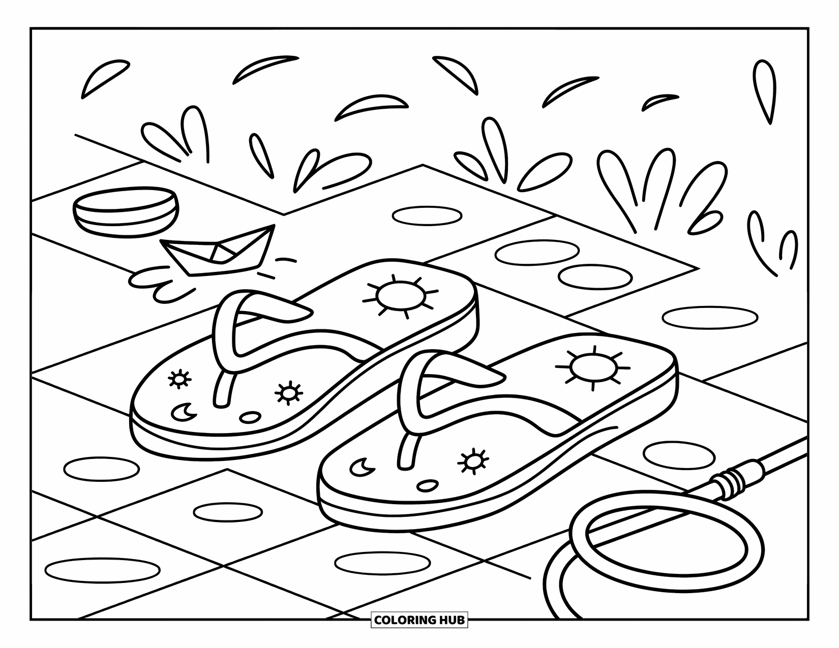 Flip Flop Coloring Page for Adults: Flip-flops rest in a splashy garden scene with a hose, puddles, and a tiny boat