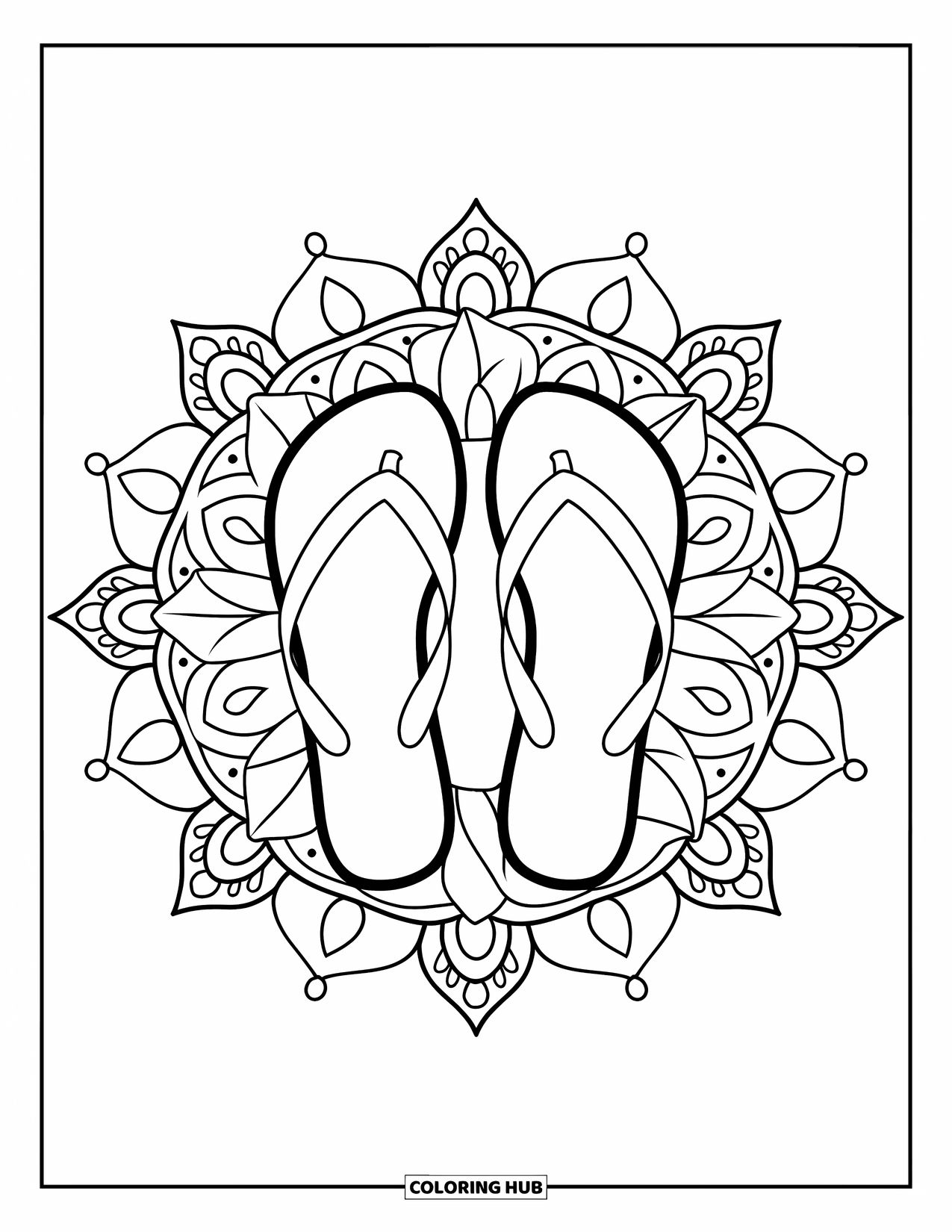 Flip Flop Coloring Page for Adults: Flip-flops rest inside a blooming lotus mandala full of soft floral shapes