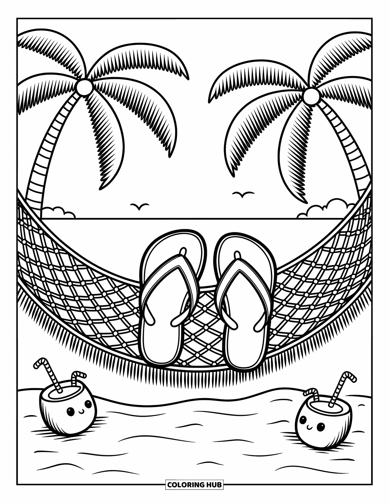 Flip Flop Coloring Page for Adults: Palm trees sway near a hammock holding cute flip-flops and tropical vibes