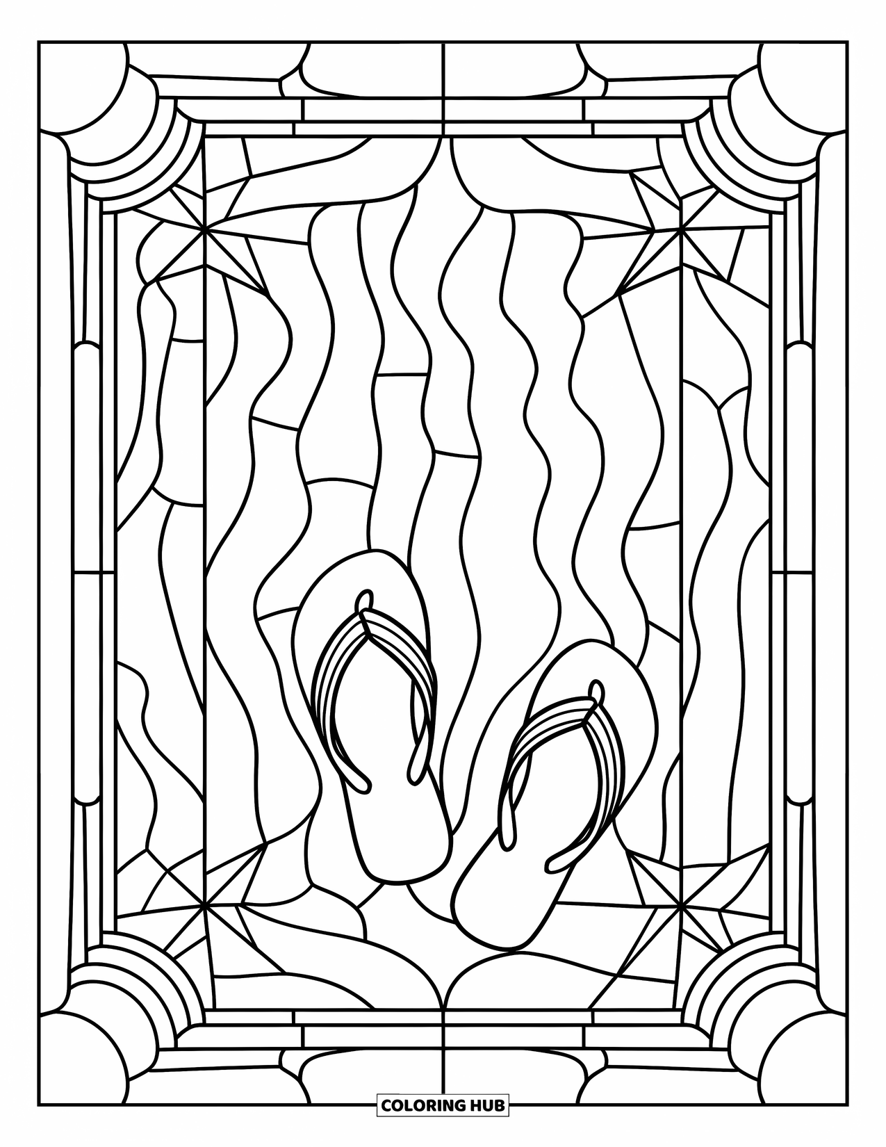 Flip Flop Coloring Page for Adults: Starbursts and swirls surround flip-flops in a stained-glass window pattern
