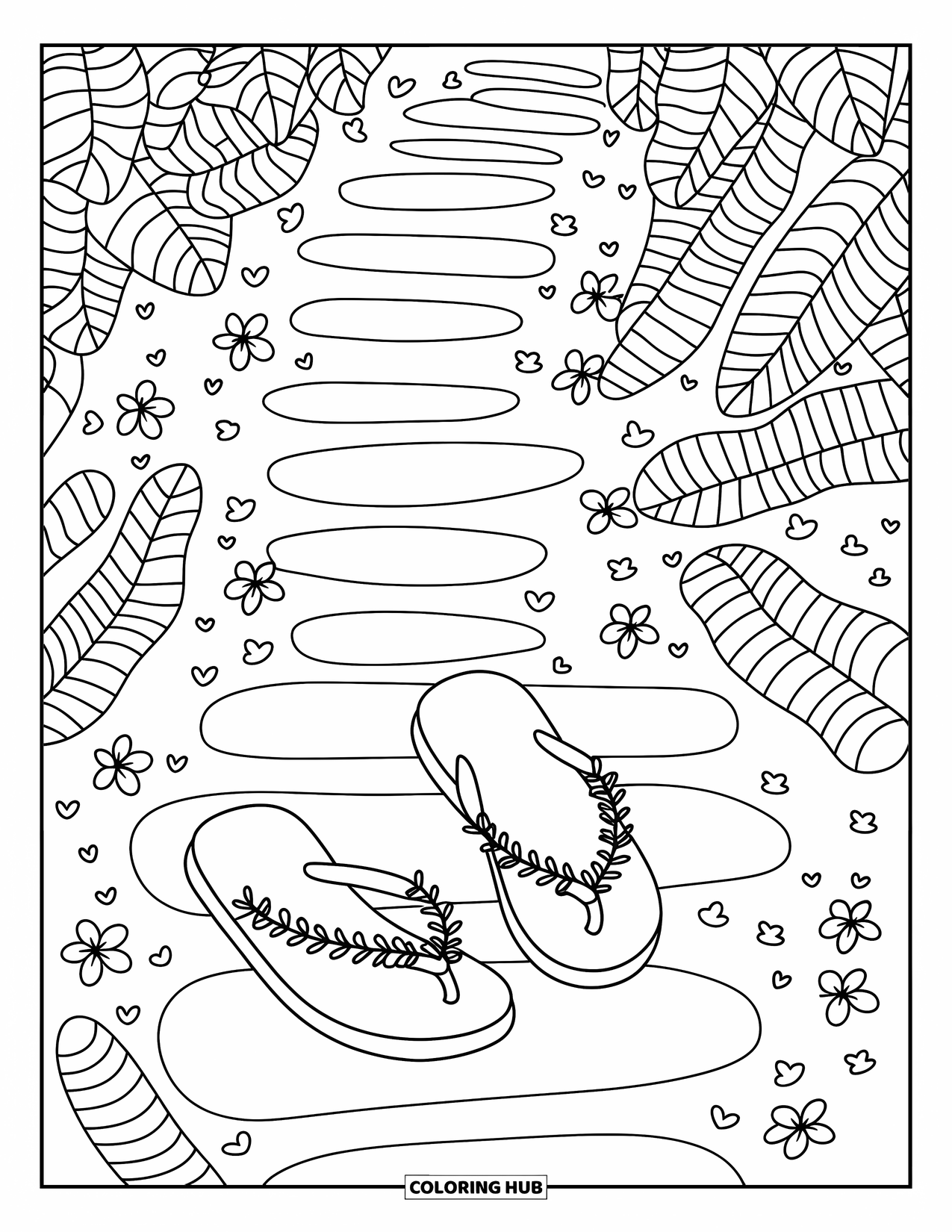 Flip Flop Coloring Page for Adults: Stone path, vines, and fluttering butterflies surround a pair of decorative flip-flops