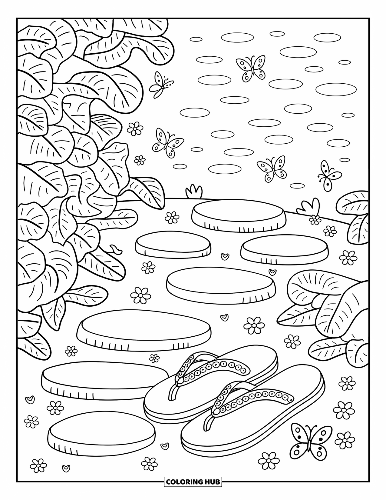 Flip Flop Coloring Page for Adults: Whimsical butterflies hover above flip-flops on a cozy vine-covered garden trail