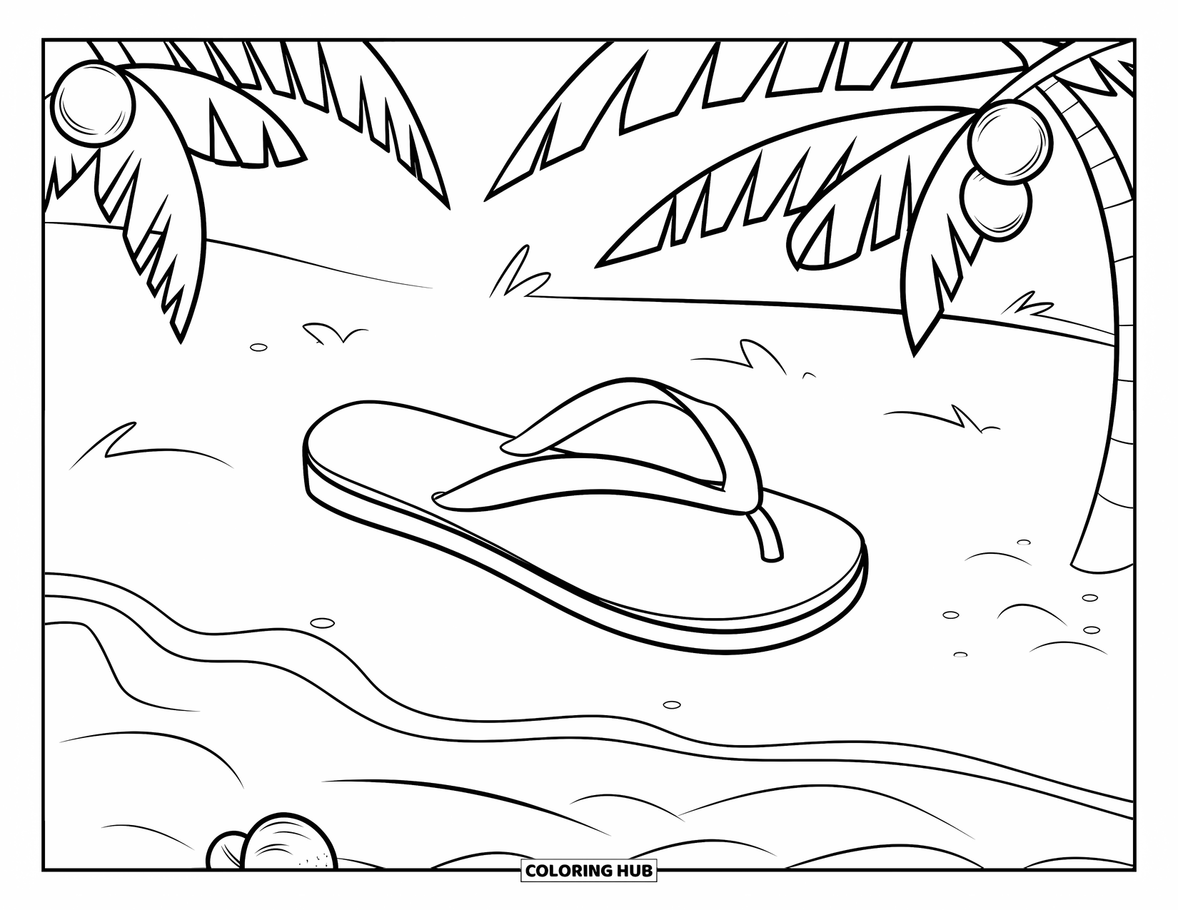 Flip Flop Coloring Page for Kids: A lone flip-flop rests on the sand with palm trees and wavy water nearby