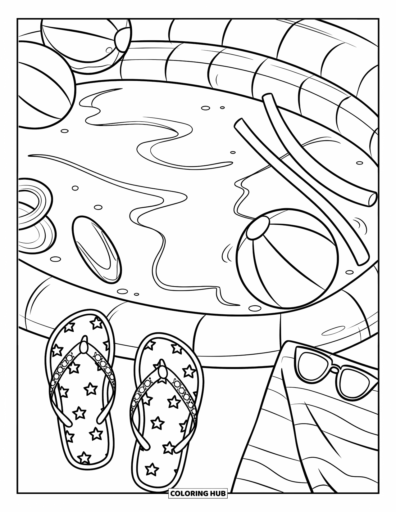 Flip Flop Coloring Page for Kids: A pair of starry flip-flops rests by a pool with beach balls and floaties