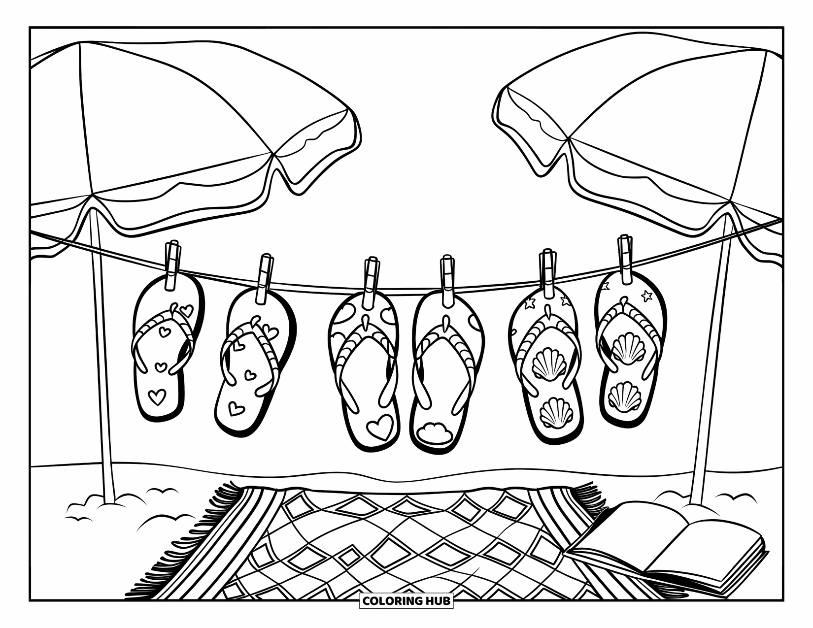 Flip Flop Coloring Page for Kids: A row of cute flip-flops hangs between umbrellas with a cozy beach setup underneath