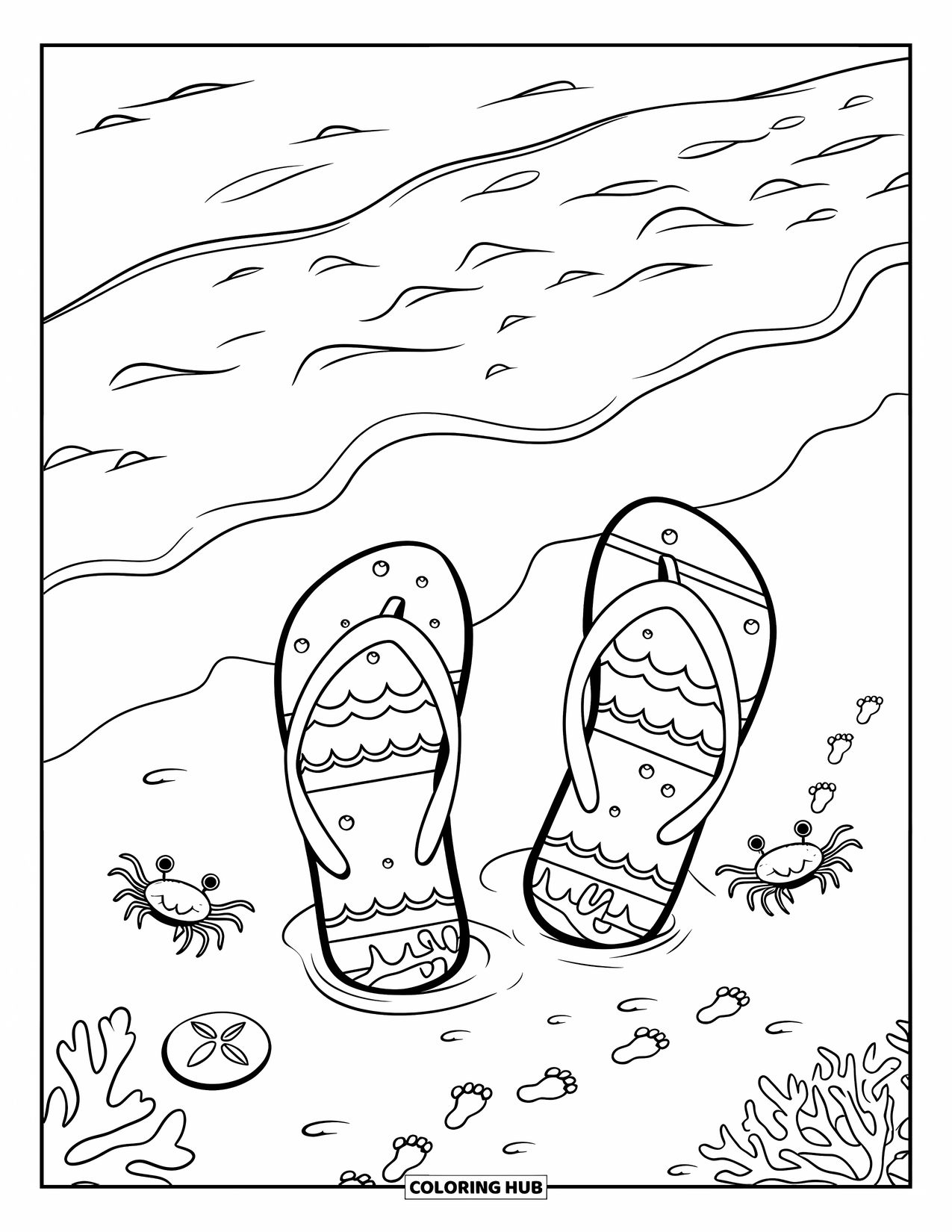 Flip Flop Coloring Page for Kids: Crabs scurry past flip-flops in the sand with ocean bubbles and coral nearby
