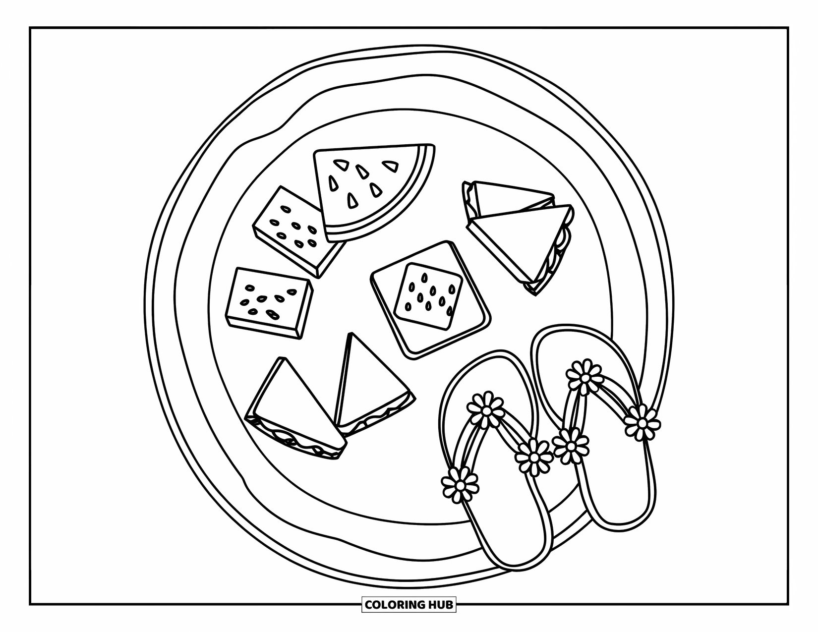 Flip Flop Coloring Page for Kids: Cute flip-flops rest by a beach picnic with watermelon, sandwiches, and juice boxes