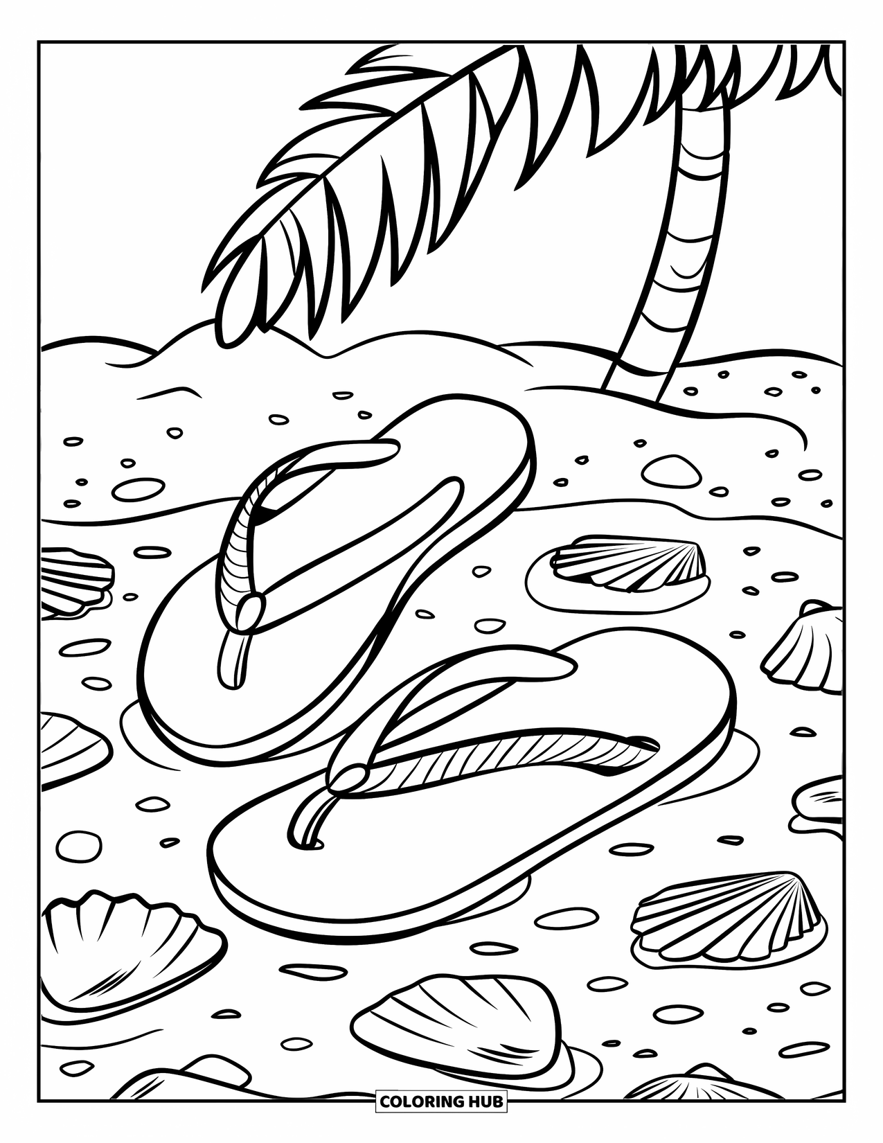 Flip Flop Coloring Page for Kids: Flip-flops sit in the sand surrounded by seashells, pebbles, and a palm tree