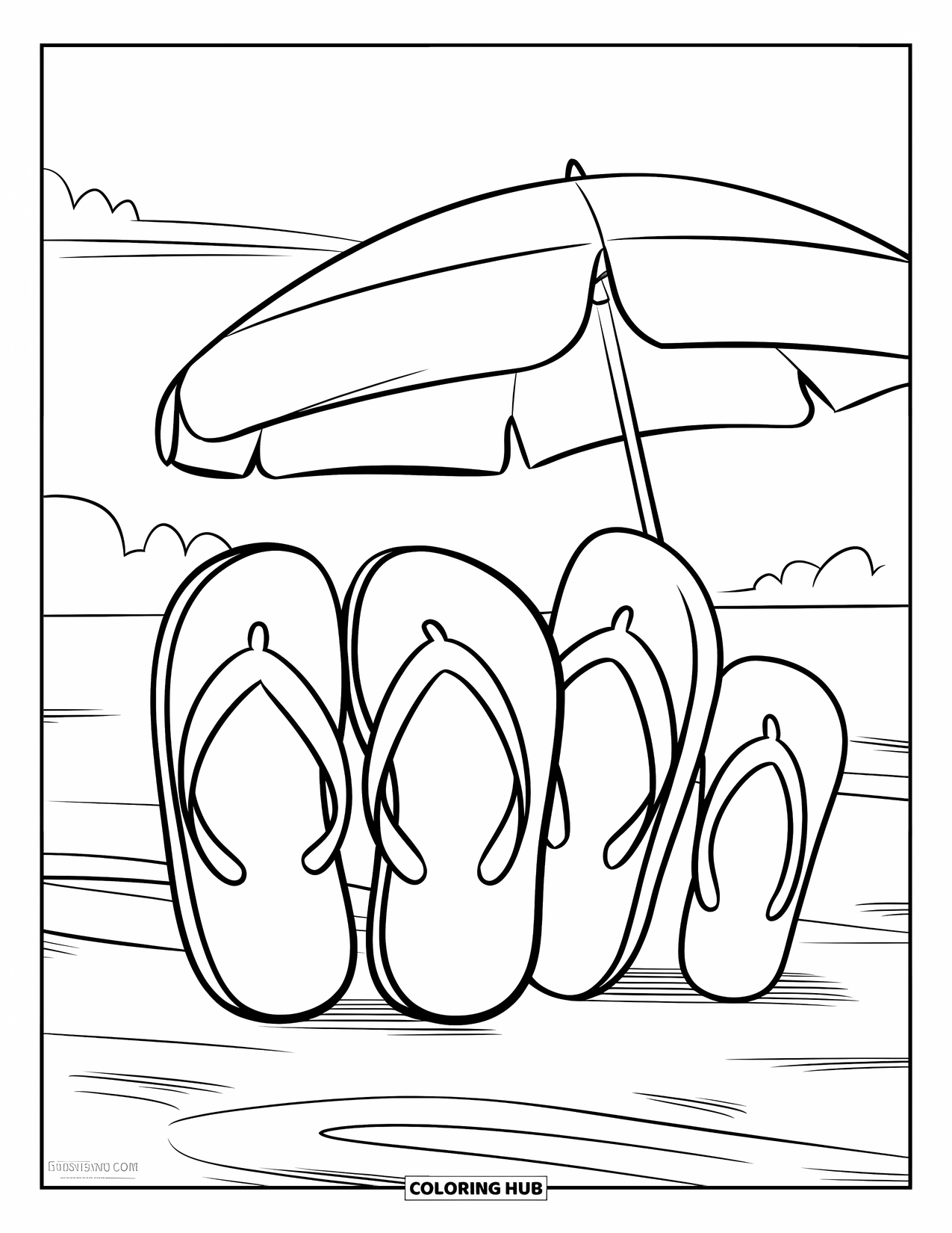 Flip Flop Coloring Page for Kids: Flip-flops sit on sunny sand with a beach umbrella and gentle clouds behind