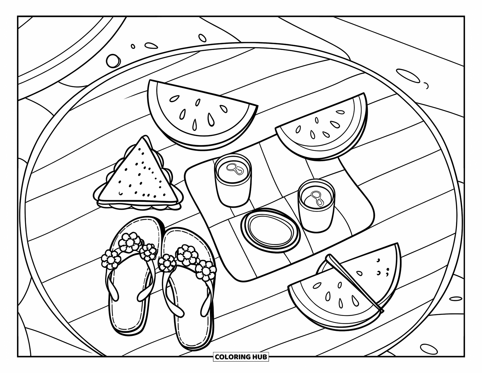 Flip Flop Coloring Page for Kids: Flip-flops with bows sit near a beach mat picnic full of snacks