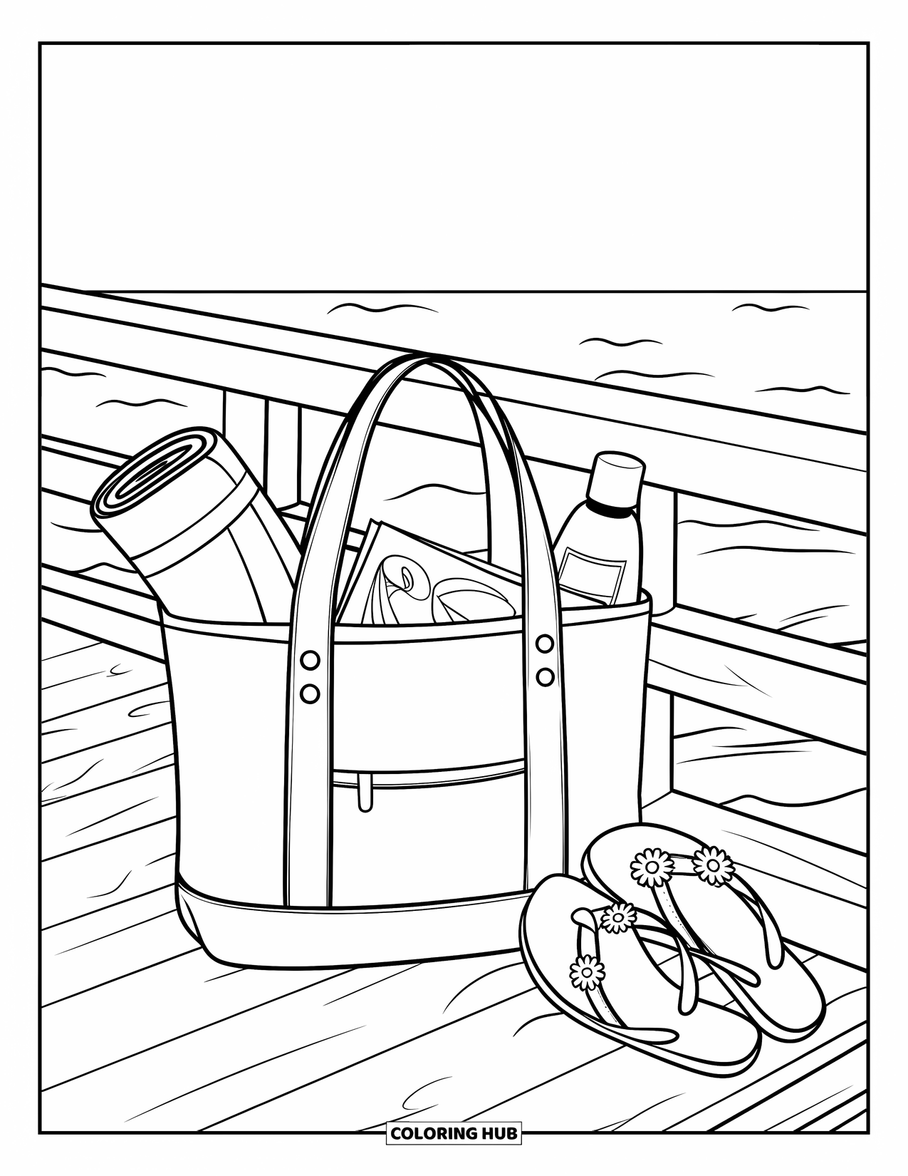 Flip Flop Coloring Page for Kids: Flip-flops with daisies peek from a beach tote resting on a sunny boardwalk