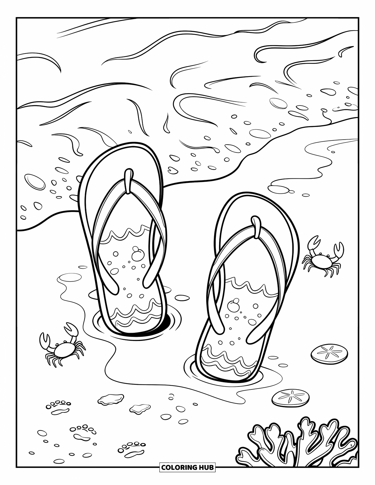 Flip Flop Coloring Page for Kids: Flip-flops with ocean patterns sit in wet sand near crabs and sea goodies