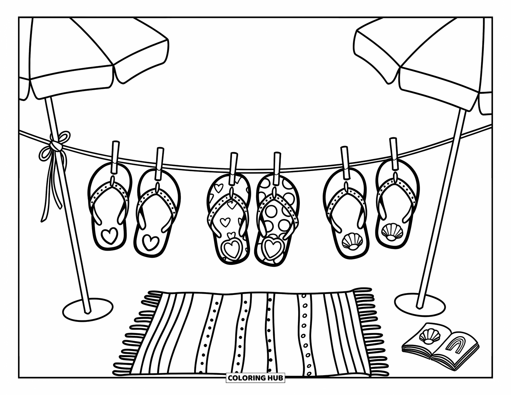 Flip Flop Coloring Page for Kids: Flip-flops with playful patterns hang above a beach rug and book in the sand