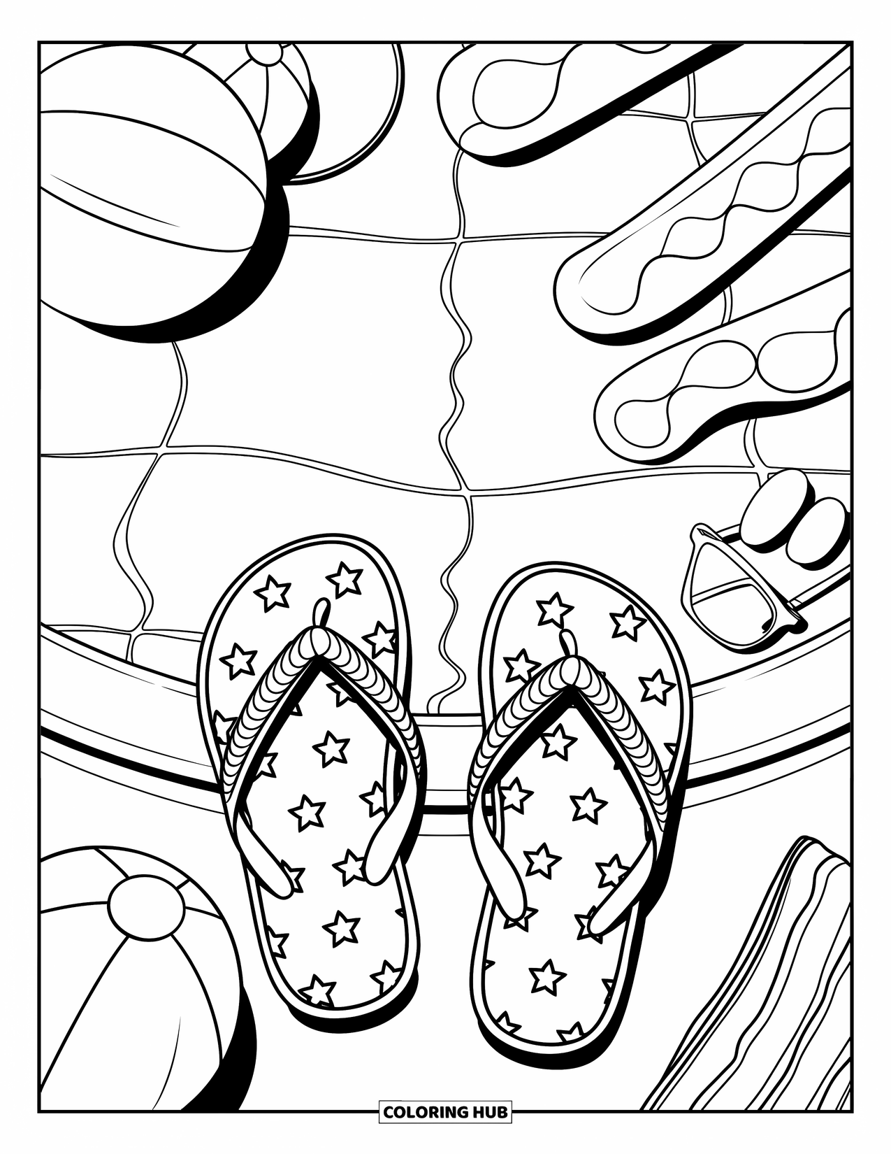 Flip Flop Coloring Page for Kids: Flip-flops with stars sit by a kiddie pool surrounded by beach toys and floaties