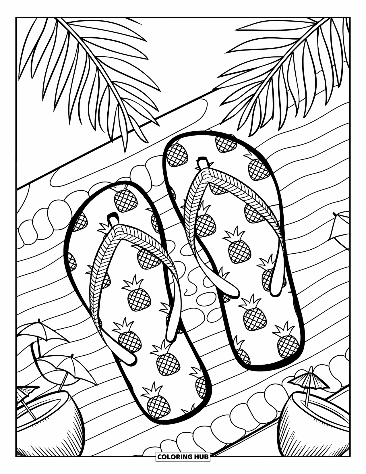 Flip Flop Coloring Page for Kids: Pineapple-print flip-flops lie on a beach towel surrounded by coconuts and palm fronds
