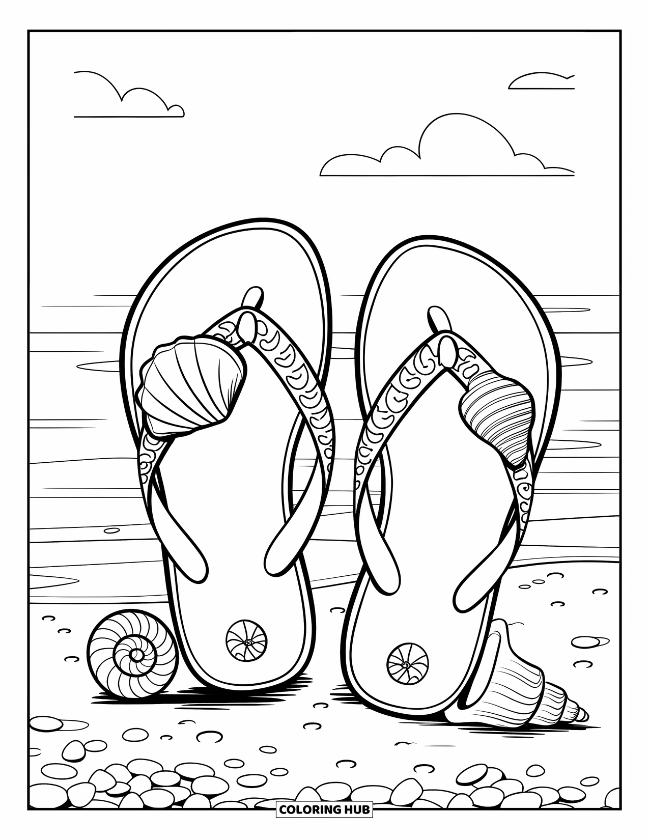 Flip Flop Coloring Page for Kids: Seashell-themed flip-flops rest on a smooth beach with pebbles, shells, and a gentle sky