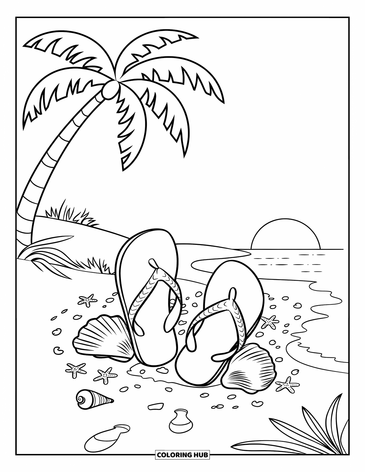 Flip Flop Coloring Page for Kids: Seashells and footprints surround flip-flops near a palm tree at sunset