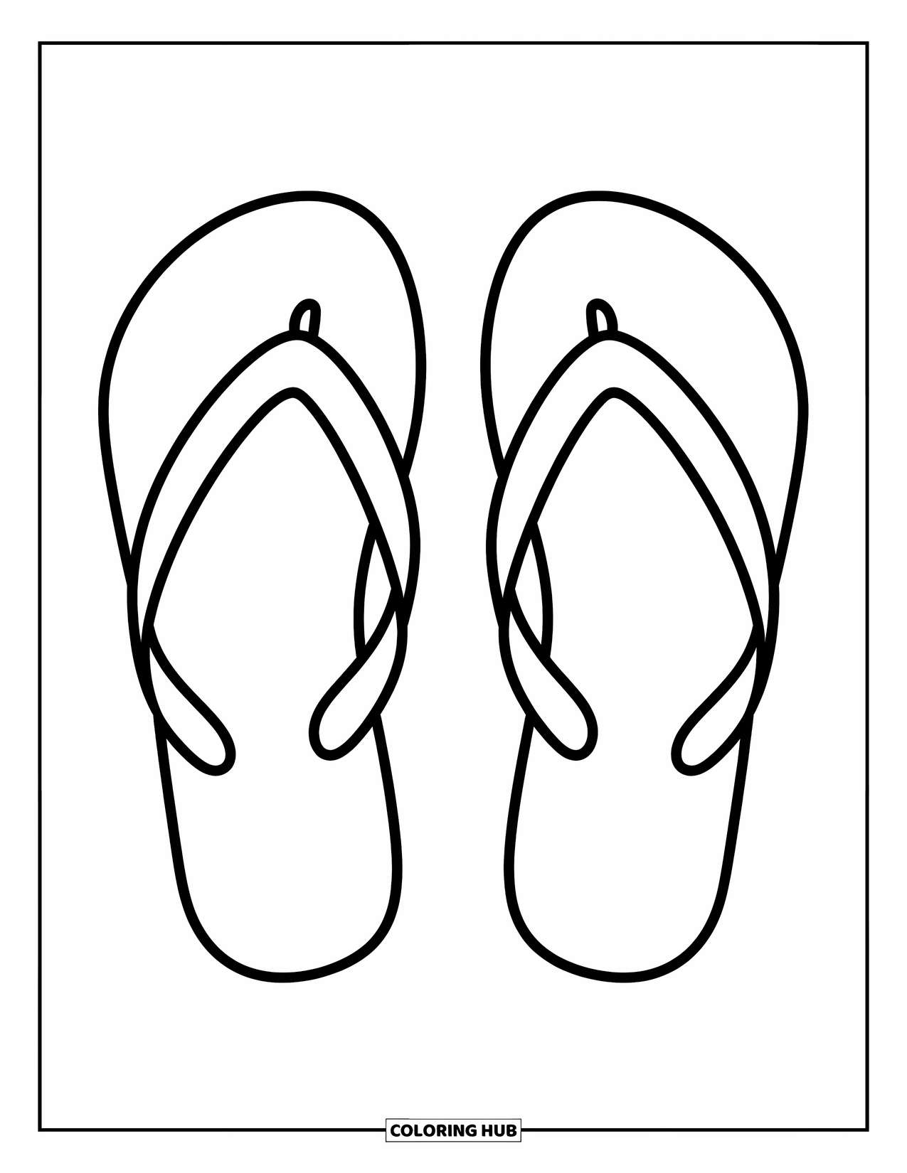 Flip Flop Coloring Page for Kids: Thick-strapped flip-flops rest gently on a white background, curved and comfy-looking