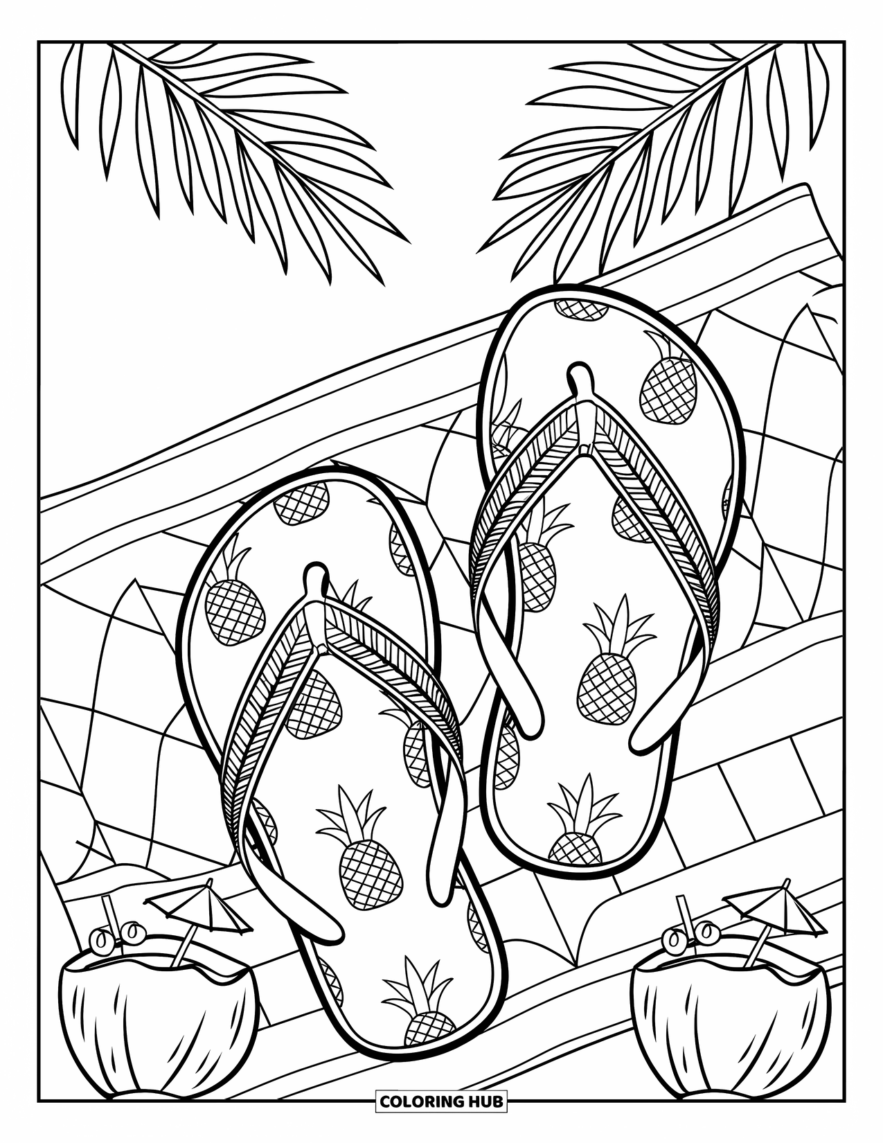 Flip Flop Coloring Page for Kids: Tropical flip-flops sit on a patterned towel with palm leaves and coconut drinks nearby