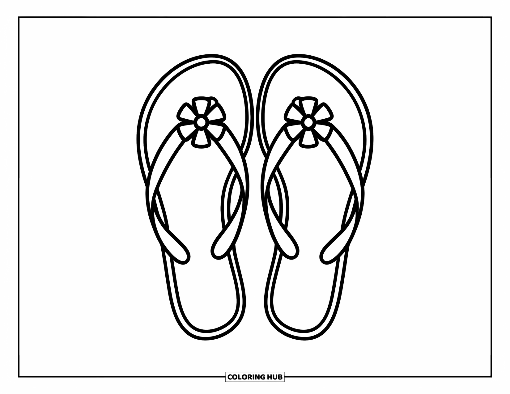 Flip Flop Coloring Page for Kids: Two flip-flops with cheerful flowers sit side by side on a blank background