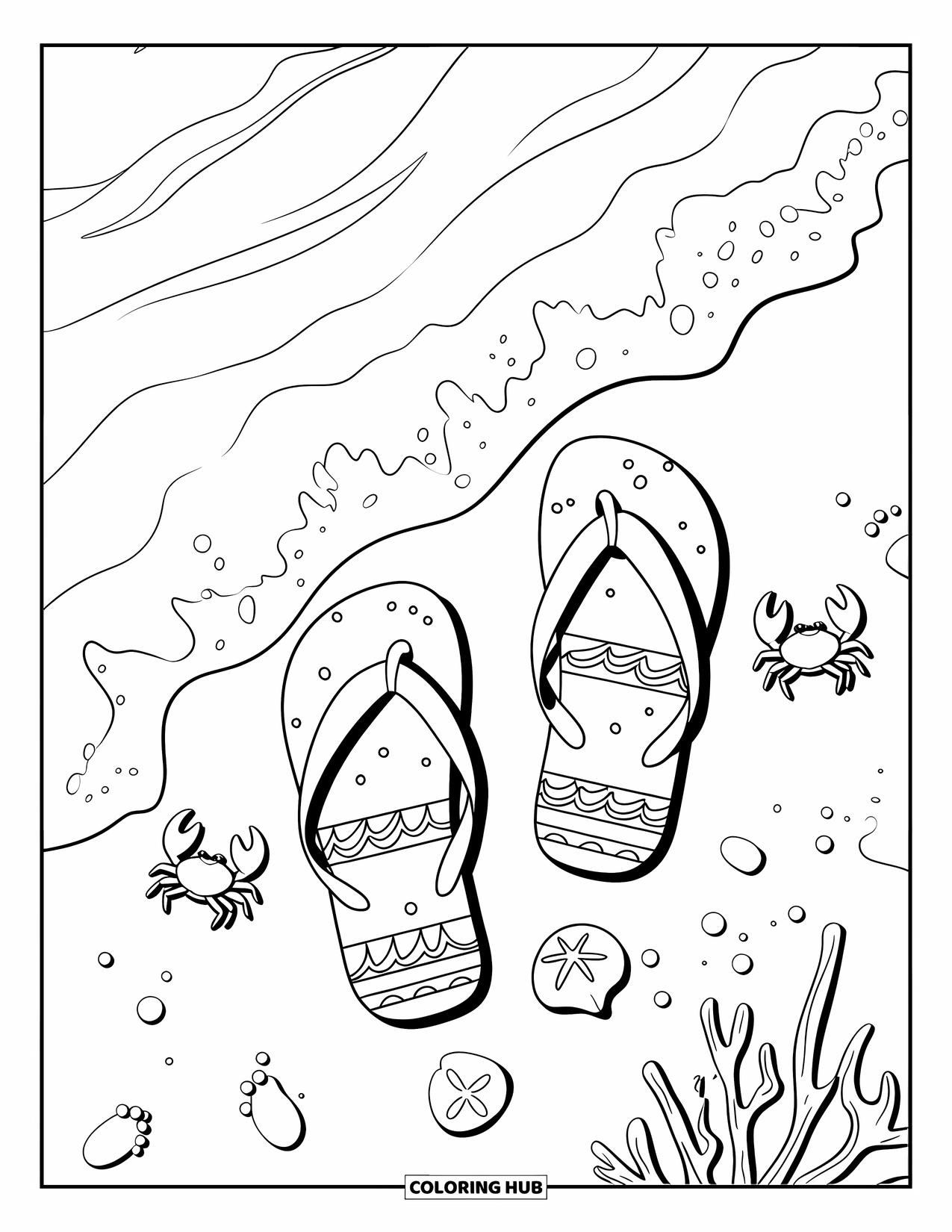 Flip Flop Coloring Page for Kids: Wet sandy flip-flops decorated with sea bubbles lie beside crabs and tiny ocean treasures
