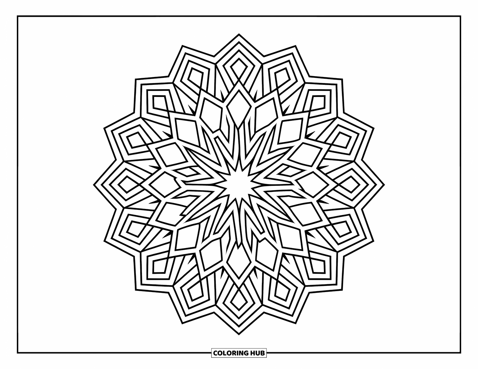 Geometric Mandala Coloring Page for Adults: A balanced pattern of stars and diamonds radiates with clean symmetry