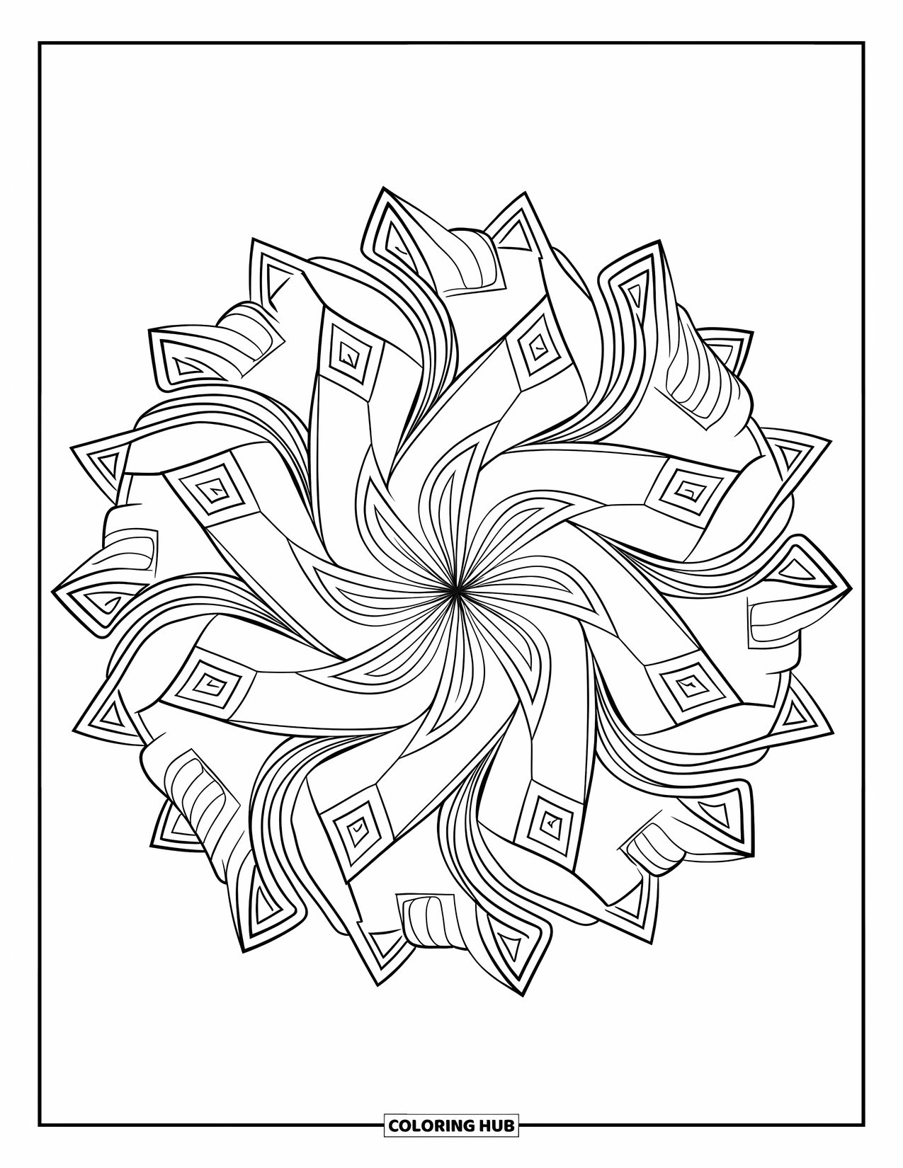 Geometric Mandala Coloring Page for Adults: A bold mandala of rotating triangles and diamonds twists with symmetry