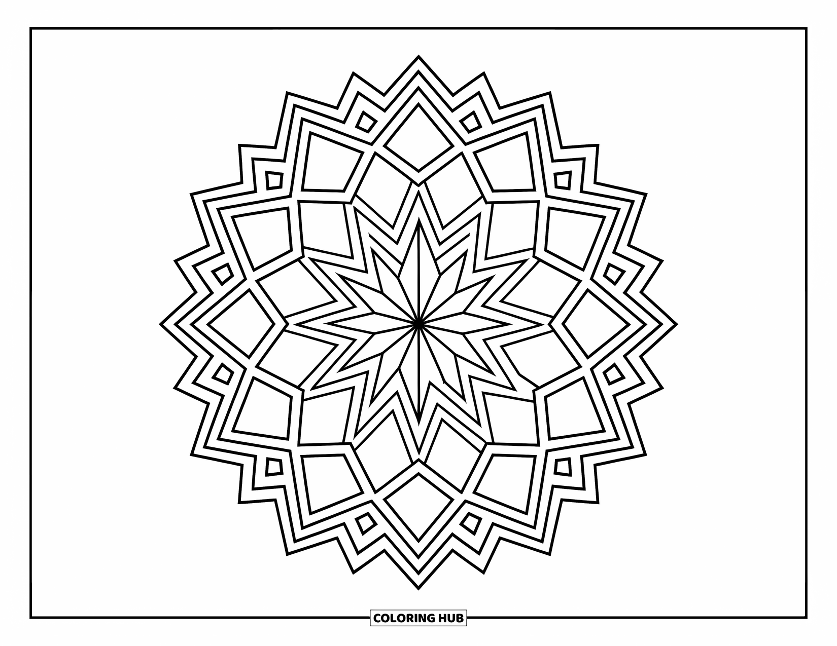 Geometric Mandala Coloring Page for Adults: A central star anchors this mandala of swirling diamonds and tiny stars