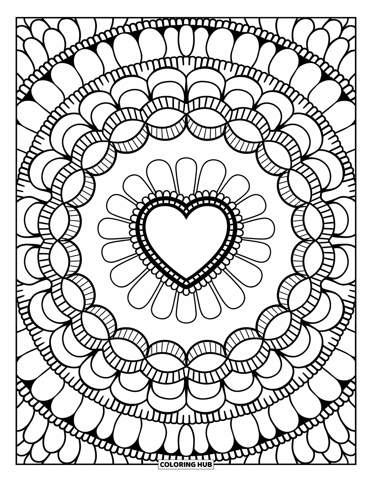 Geometric Mandala Coloring Page for Adults: A heart at the center blossoms into bows, lace loops, and playful diamonds