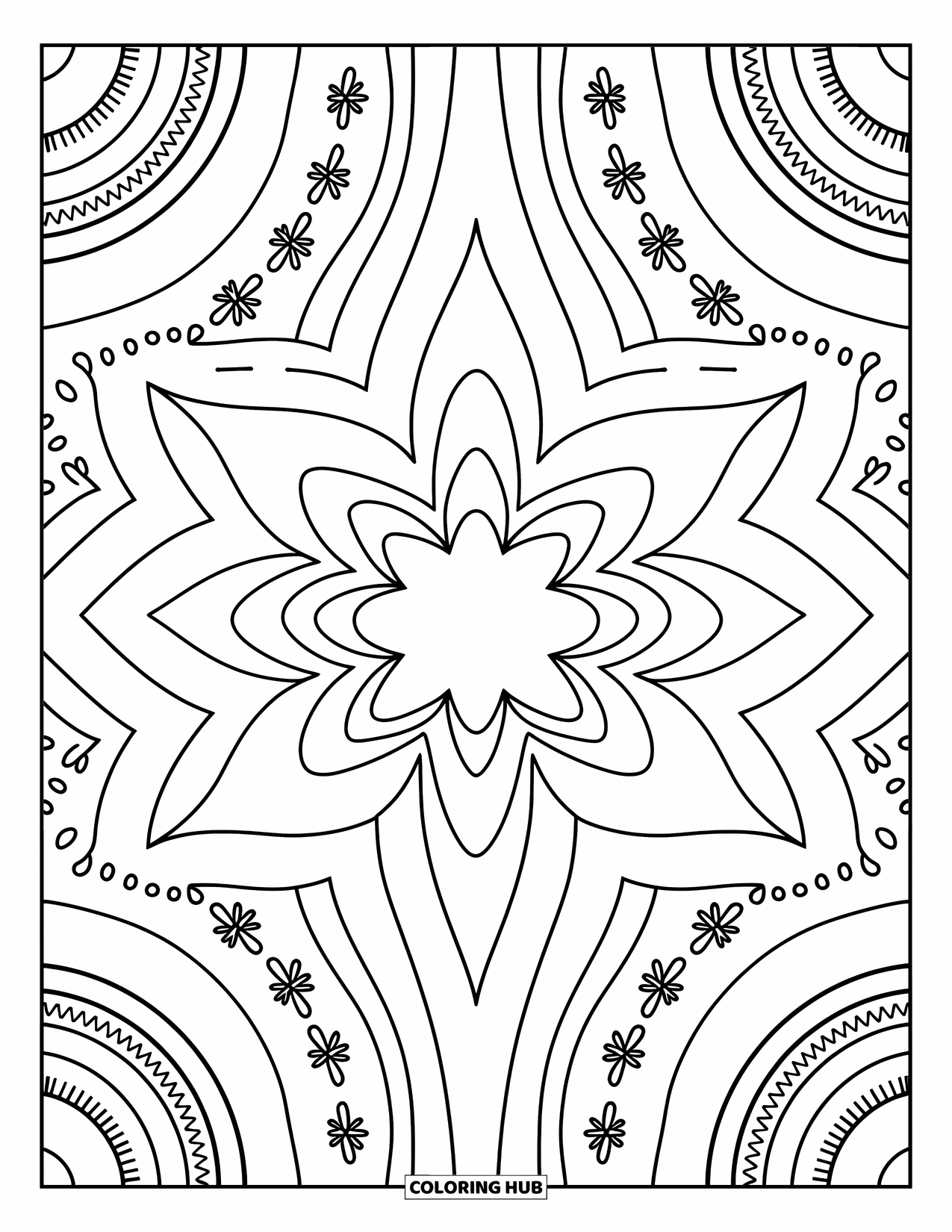 Geometric Mandala Coloring Page for Adults: A rhythmic starburst of triangles, sparkles, and dotted lines feels playful and airy
