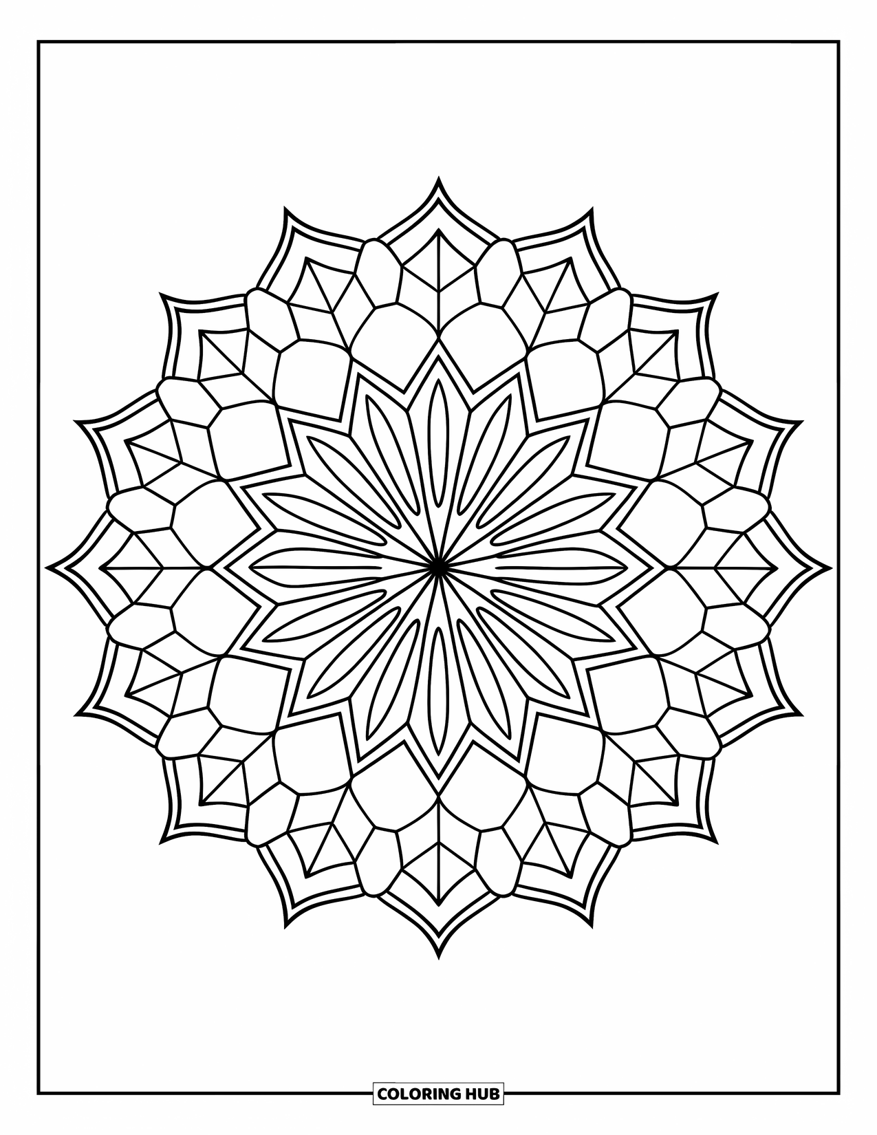 Geometric Mandala Coloring Page for Adults: A spiky mandala mixes hexagons and floral geometry in clean symmetry