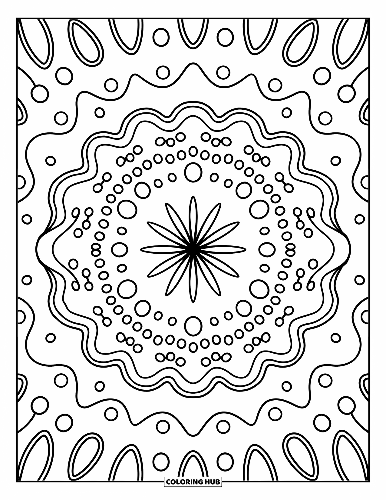 Geometric Mandala Coloring Page for Adults: A sweet swirl of confetti, dots, and icing loops builds outward from the center