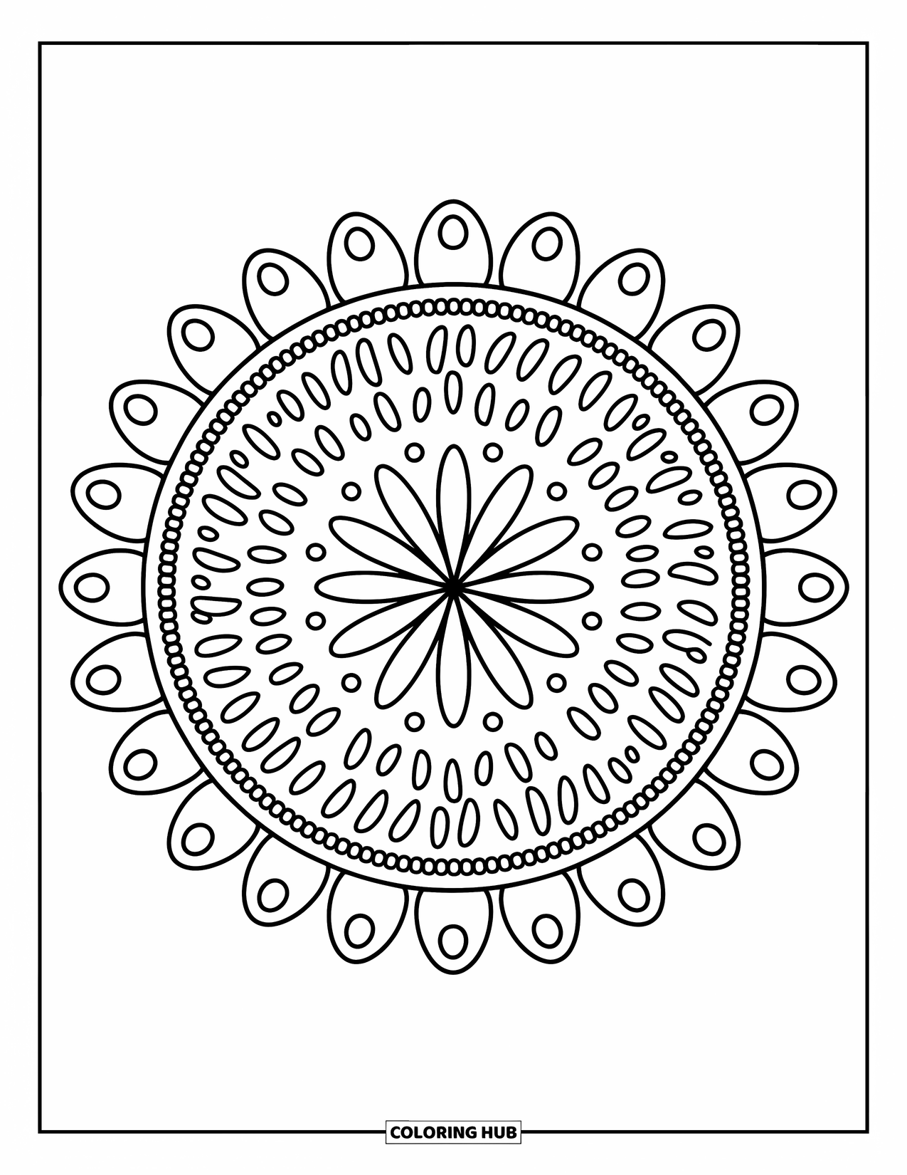 Geometric Mandala Coloring Page for Adults: Dots, dashes, and icing-style loops swirl in a cheerful sprinkle mandala