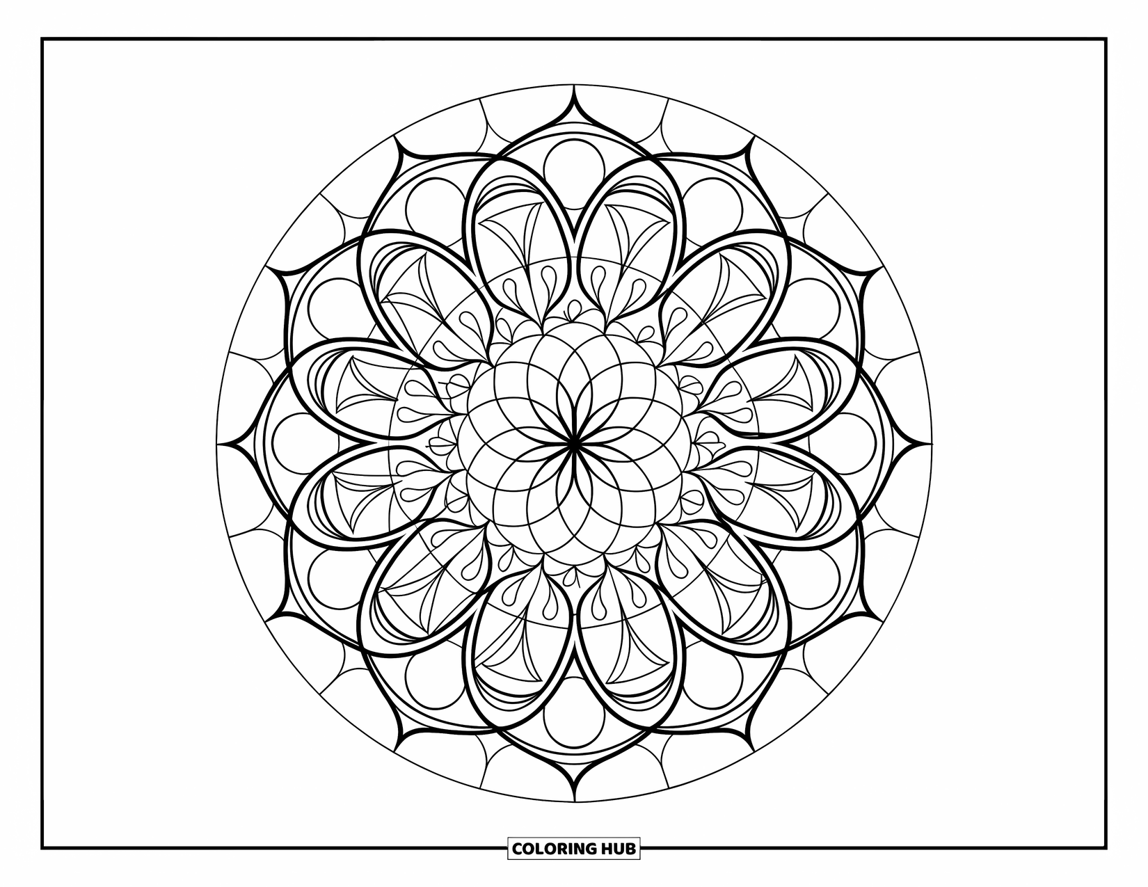 Geometric Mandala Coloring Page for Adults: Geometric circles stack in layers to form a sharp, intricate mandala