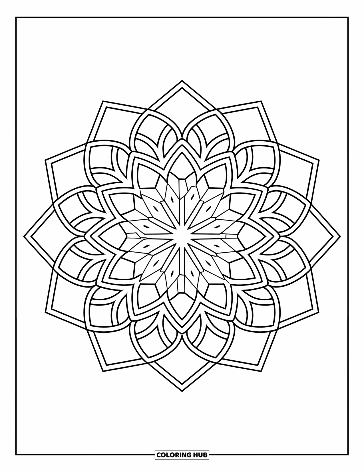 Geometric Mandala Coloring Page for Adults: Geometric layers lace together in a bold, balanced mandala design