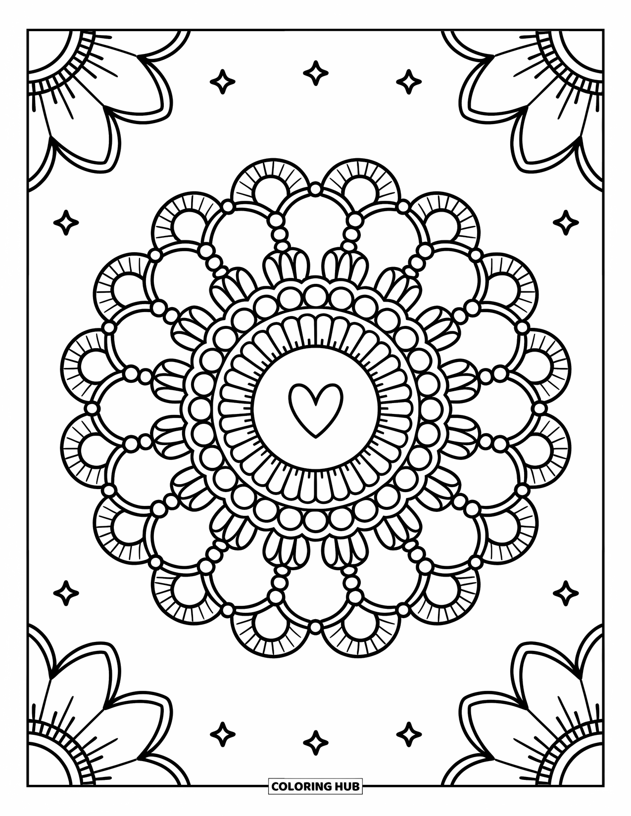 Geometric Mandala Coloring Page for Adults: Hearts, pearls, and ribbon curls swirl into a fabric-like mandala pattern